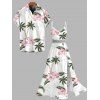 Vacation Couple Outfit Coconut Tree Flower Print Lace Hollow Out Slit Dress and Shirt Set - Rose S | US 4