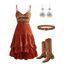 Bohemian Outfit Zig Zag Ethnic Print Layered Dress and Belt Earrings Boots Set - Orange S | US 4