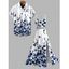 Garden Wedding Couple Outfit Abstract Floral Splatter Print Lace Hollow Out Slit Dress and Shirt Set - Bleu Marine S | US 4