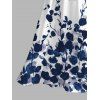 Garden Wedding Couple Outfit Abstract Floral Splatter Print Lace Hollow Out Slit Dress and Shirt Set - Bleu Marine S | US 4
