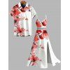 Vacation Couple Outfit Watercolor Flower Print Hollow Out Slit Dress and Shirt Set - Blanc S | US 4