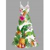 Vacation Couple Outfit Tropical Leaf Flower Pineapple Print Hollow Out Slit Dress and Shirt Set - Vert S | US 4