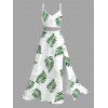 Vacation Couple Outfit Tropical Leaf Print Lace Hollow Out Slit Dress and Shirt Set - PLANT GREEN S | US 4