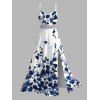 Garden Wedding Couple Outfit Abstract Floral Splatter Print Lace Hollow Out Slit Dress and Shirt Set - Bleu Marine S | US 4