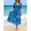 Robe de vacances imprimée à décolleté plongeant et manches bouffantes, robe midi - Bleu XL | US 10