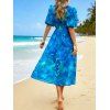 Robe de vacances imprimée à décolleté plongeant et manches bouffantes, robe midi - Bleu XL | US 10