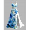 Vacation Couple Outfit Ink-splash Style Floral Leaf Print Lace Hollow Out Slit Dress and Shirt Set - Bleu S | US 4