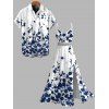 Vacation Couple Outfit Abstract Floral Splatter Print Lace Hollow Out Slit Dress and Shirt Set - Bleu Marine S | US 4