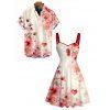 Vacation Couple Outfit Romantic Watercolor Floral Petal Print Ruched Bust Dress and Shirt Set - Rose clair S | US 4