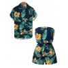 Vacation Couple Outfit Tropical Leaf Flower Print Off the Shoulder Romper and Shirt Set - Turquoise Foncée S | US 4
