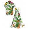 Vacation Couple Outfit Tropical Leaf Flower Pineapple Print Hollow Out Slit Dress and Shirt Set - Vert S | US 4