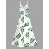Vacation Couple Outfit Tropical Leaf Print Lace Hollow Out Slit Dress and Shirt Set - PLANT GREEN S | US 4