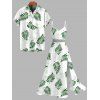 Vacation Couple Outfit Tropical Leaf Print Lace Hollow Out Slit Dress and Shirt Set - PLANT GREEN S | US 4