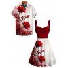 Vacation Couple Outfit Rose Print Colorblock Ruched Bust Dress and Shirt Set - Rouge Vineux S | US 4