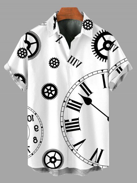 Chemise décontractée pour homme à imprimé engrenages et horloges, boutonnée