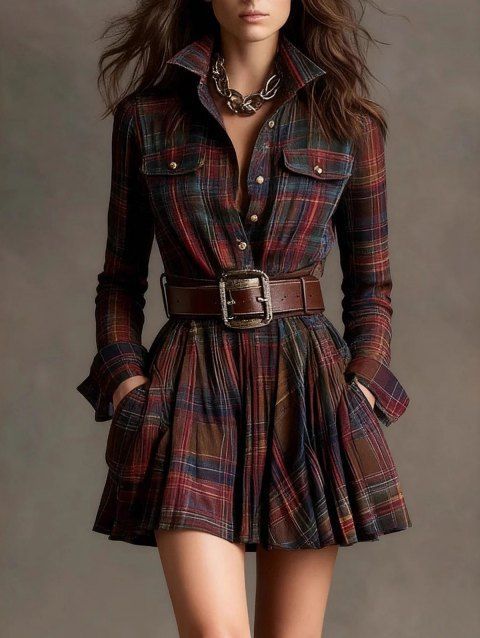 Robe vintage à carreaux, boutonnée sur le devant, poche, manches longues, ceinture