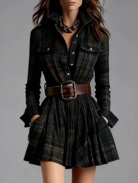 Robe vintage à carreaux, boutonnée sur le devant, poche, manches longues, ceinture