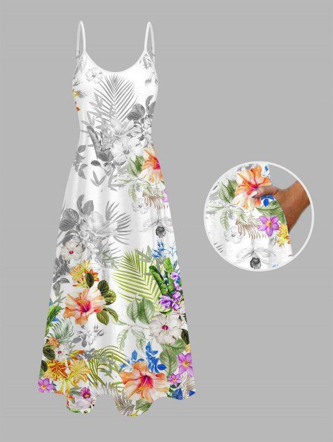 Robe hawaïenne à imprimé feuilles d'hibiscus et bretelles spaghetti, robe de vacances longue