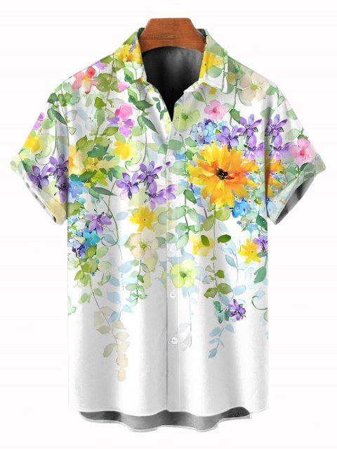 Chemise de vacances pour homme, imprimé aquarelle de fleurs sauvages et de feuilles, à boutons