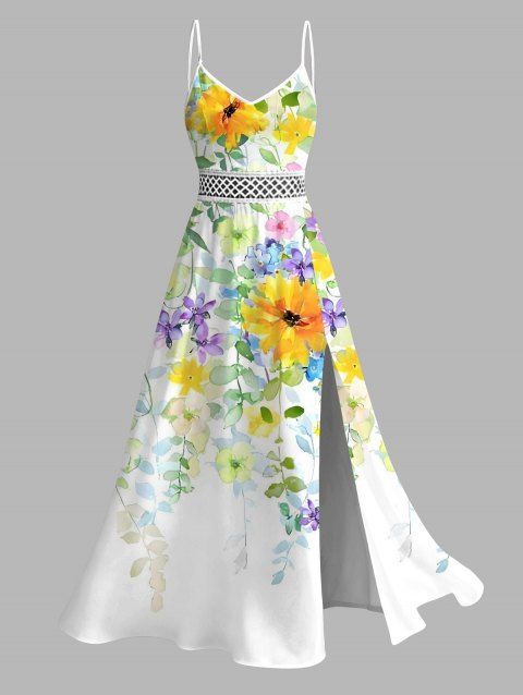 Robe de vacances imprimée aquarelle de feuilles de fleurs sauvages, dentelle ajourée et fendue