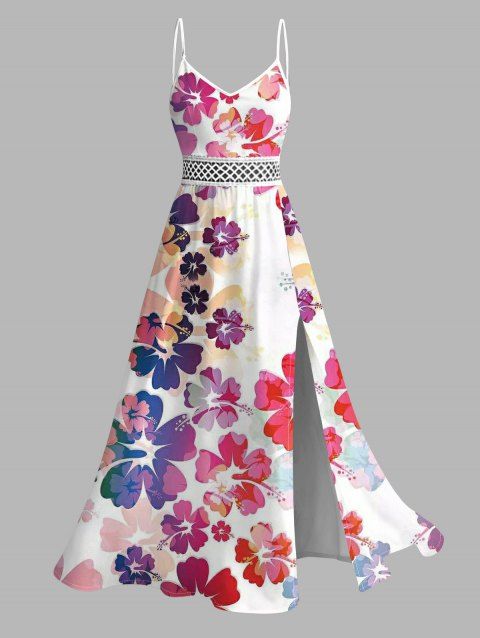 Robe de vacances style aquarelle imprimé hibiscus dentelle ajourée fendue