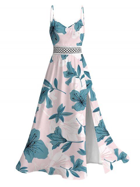 Robe de vacances en dentelle ajourée à imprimé floral azalée et fente
