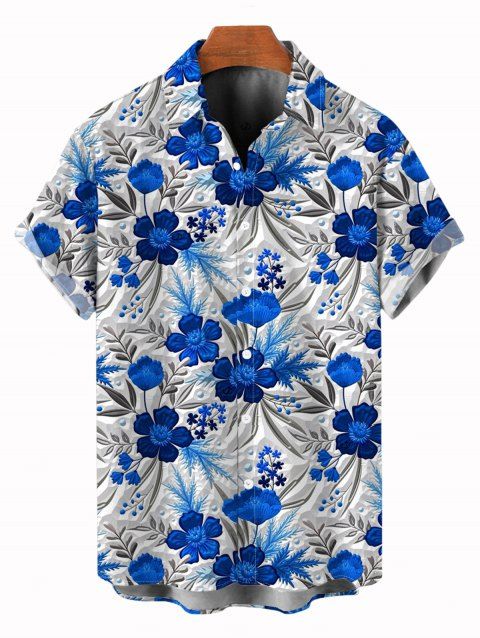 Chemise de vacances pour homme, texture bleue, imprimé floral, boutonnée