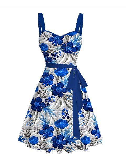 Robe de vacances texturée bleue à imprimé floral et ceinture froncée