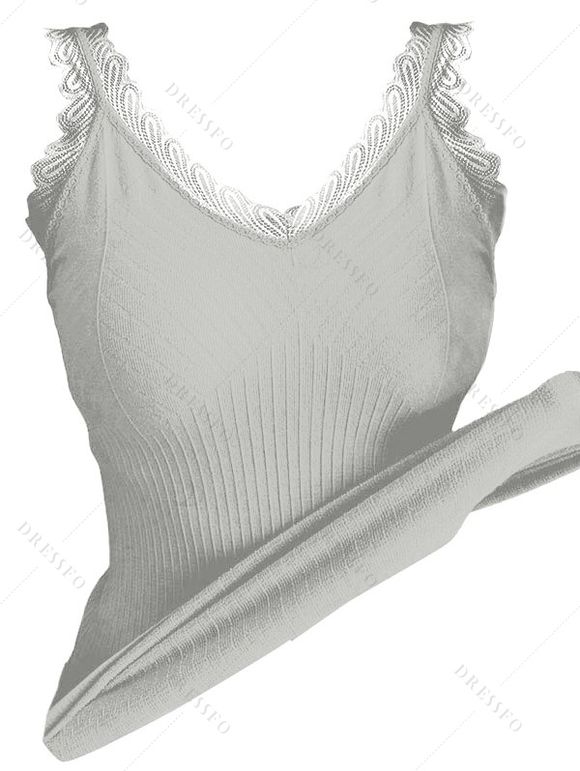 Débardeur en maille à col V et empiècement en dentelle festonnée côtelée - Gris ONE SIZE