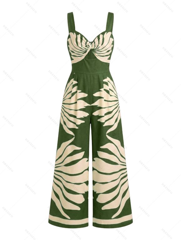 Vacation Couple Outfit Tropical Leaf Silhouette Print Twisted Wide Leg Jumpsuit and Shirt Set - PLANT GREEN S | US 4