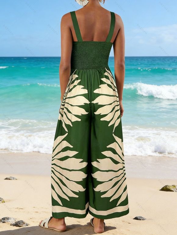Vacation Couple Outfit Tropical Leaf Silhouette Print Twisted Wide Leg Jumpsuit and Shirt Set - PLANT GREEN S | US 4
