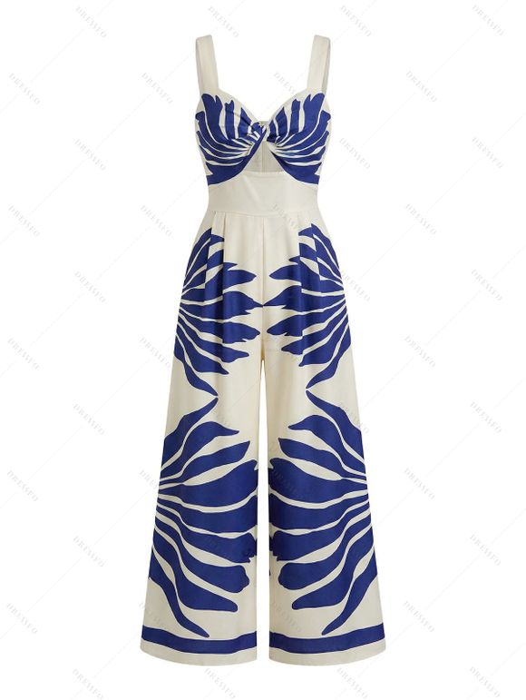 Vacation Couple Outfit Tropical Leaf Silhouette Print Twisted Wide Leg Jumpsuit and Shirt Set - Bleu profond S | US 4