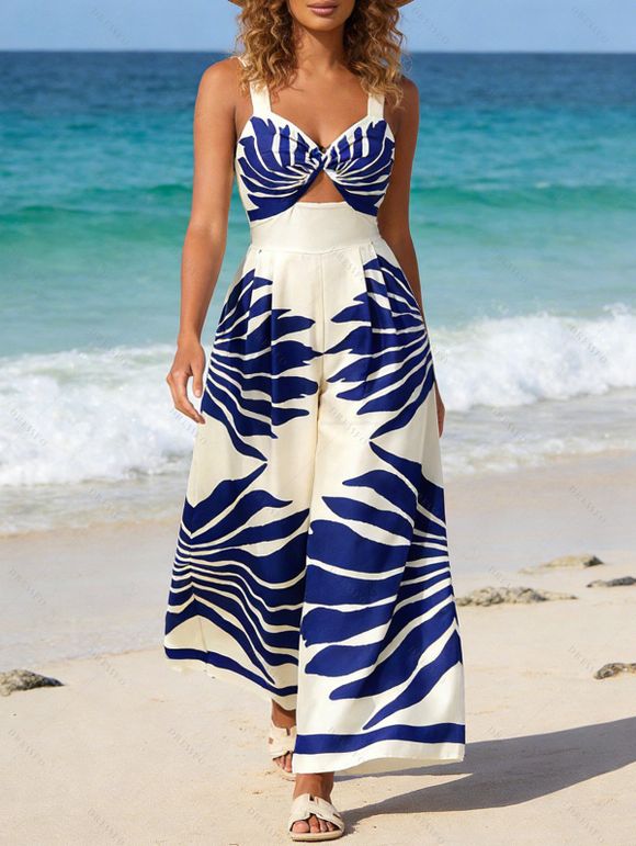 Vacation Couple Outfit Tropical Leaf Silhouette Print Twisted Wide Leg Jumpsuit and Shirt Set - Bleu profond S | US 4