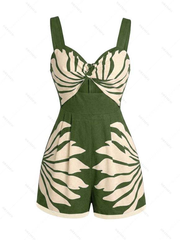Vacation Couple Outfit Tropical Leaf Silhouette Print Twisted Romper and Shirt Set - PLANT GREEN S | US 4