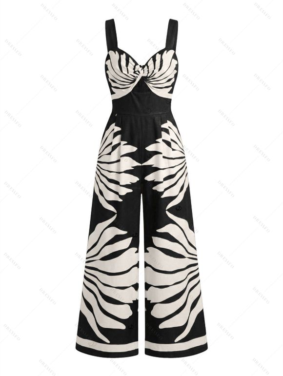 Vacation Couple Outfit Tropical Leaf Silhouette Print Twisted Wide Leg Jumpsuit and Shirt Set - Noir S | US 4