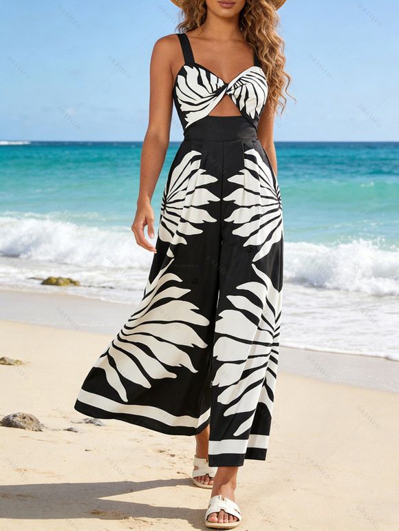 Vacation Couple Outfit Tropical Leaf Silhouette Print Twisted Wide Leg Jumpsuit and Shirt Set - Noir S | US 4