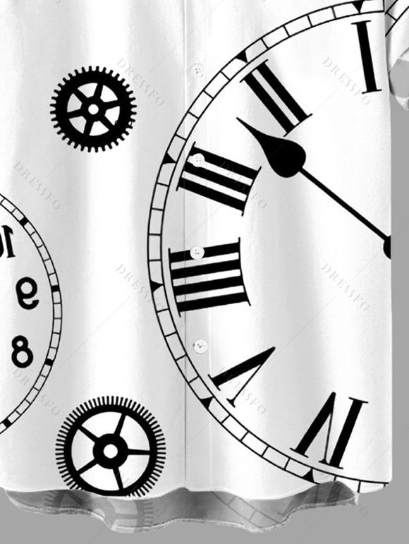 Chemise décontractée pour homme à imprimé engrenages et horloges, boutonnée - Noir 5XL