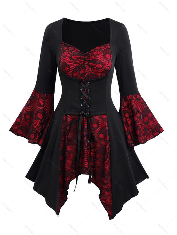 Gothic Outfit Colorblock Skull Lace Up Handkerchief Hem Top and Pants Set - Noir S | US 4