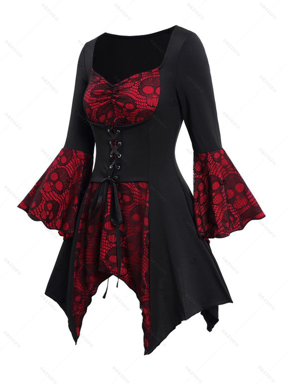 Gothic Outfit Colorblock Skull Lace Up Handkerchief Hem Top and Pants Set - Noir S | US 4