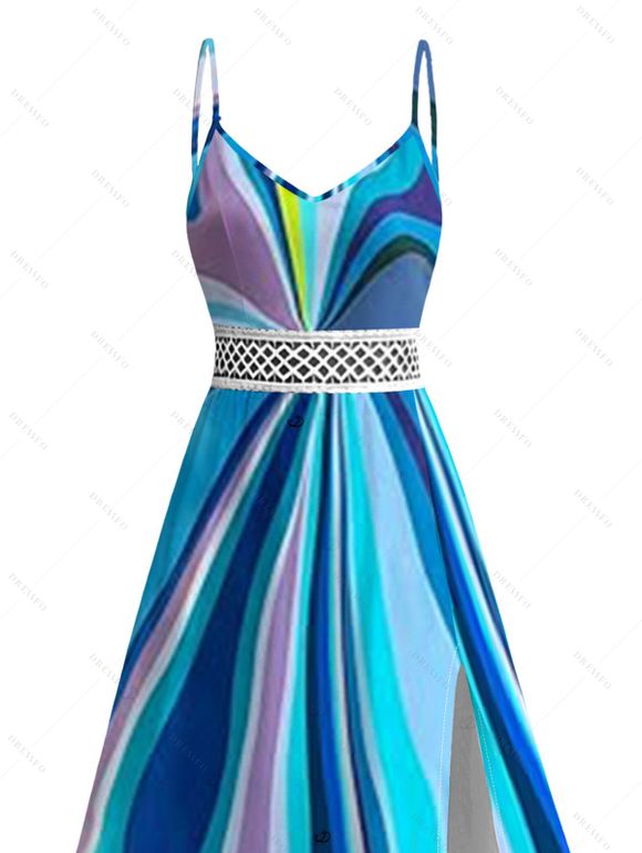 Robe de vacances en dentelle à motif tourbillonnant abstrait et fluide, fendue et ajourée - Bleu XXXXXL | US 20