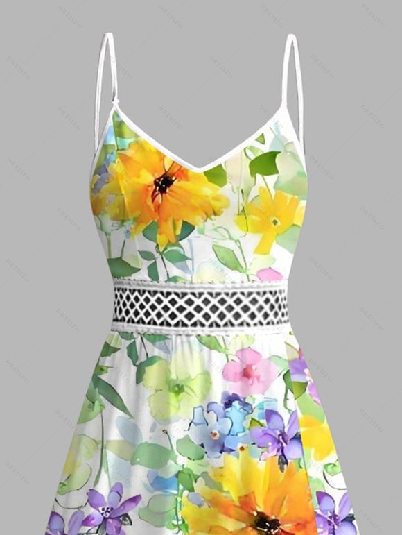 Robe de vacances imprimée aquarelle de feuilles de fleurs sauvages, dentelle ajourée et fendue - Blanc XXXXXL | US 20