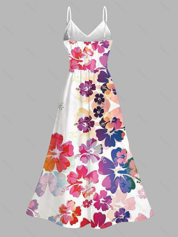 Robe de vacances style aquarelle imprimé hibiscus dentelle ajourée fendue - Blanc XXXXXL | US 20