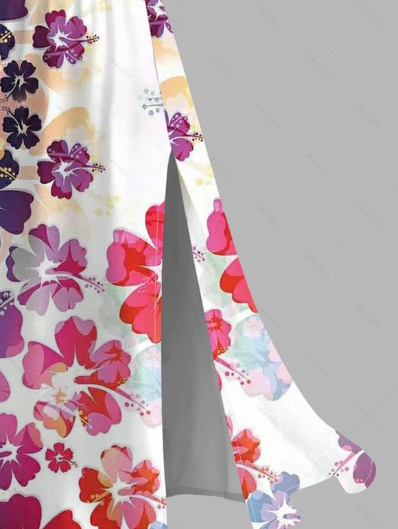 Robe de vacances style aquarelle imprimé hibiscus dentelle ajourée fendue - Blanc XXXXXL | US 20