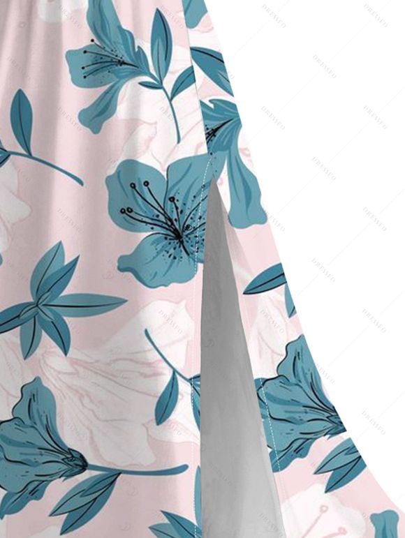 Robe de vacances en dentelle ajourée à imprimé floral azalée et fente - Rose clair XXXXXL | US 20