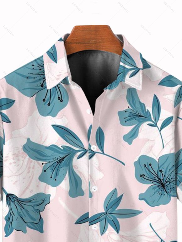Chemise de vacances pour homme, imprimé floral azalée, chemise boutonnée - Rose clair 5XL