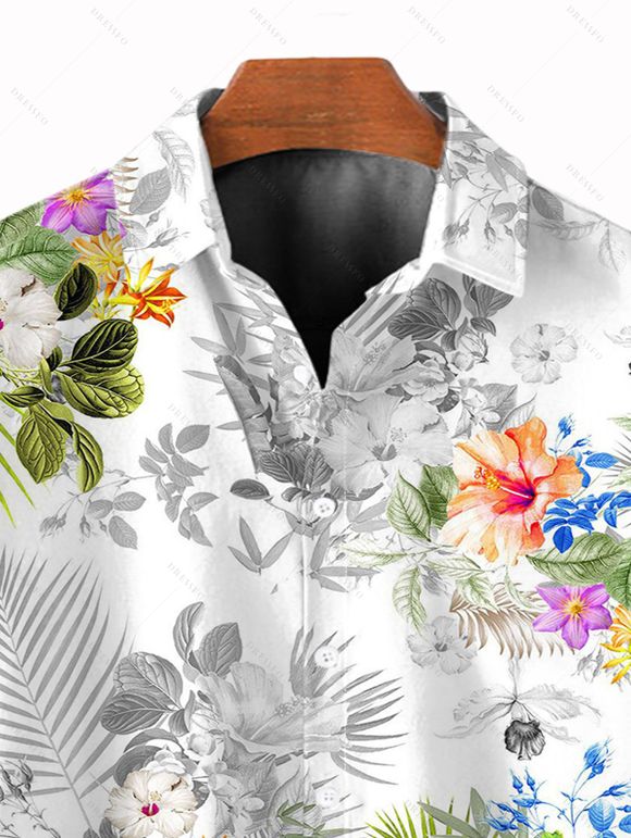 Chemise hawaïenne pour homme, imprimé feuilles d'hibiscus, boutonnée, idéale pour les vacances - Blanc 5XL