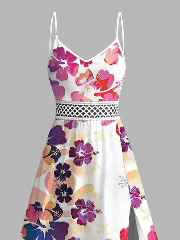 Vacation Couple Outfit Watercolor Hibiscus Print Lace Hollow Out Slit Dress and Shirt Set - Rose clair S | US 4