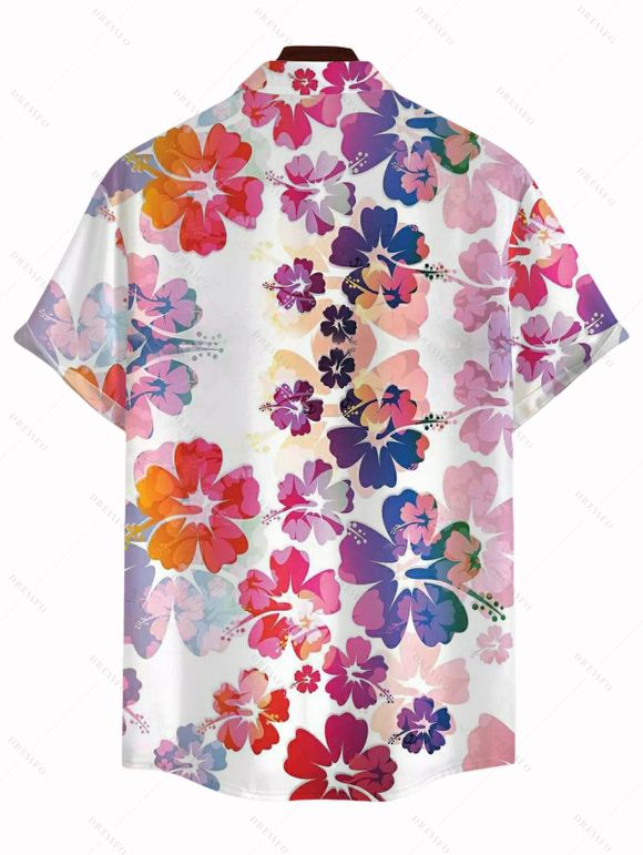 Vacation Couple Outfit Watercolor Hibiscus Print Lace Hollow Out Slit Dress and Shirt Set - Rose clair S | US 4