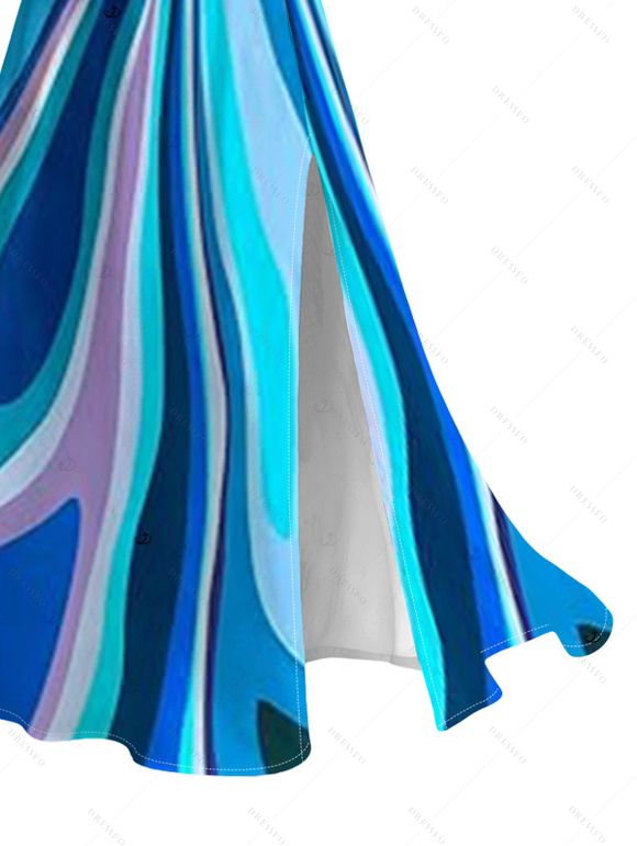 Vacation Couple Outfit Abstract Fluid Swirl Pattern Hollow Out Slit Dress and Shirt Set - Bleu S | US 4