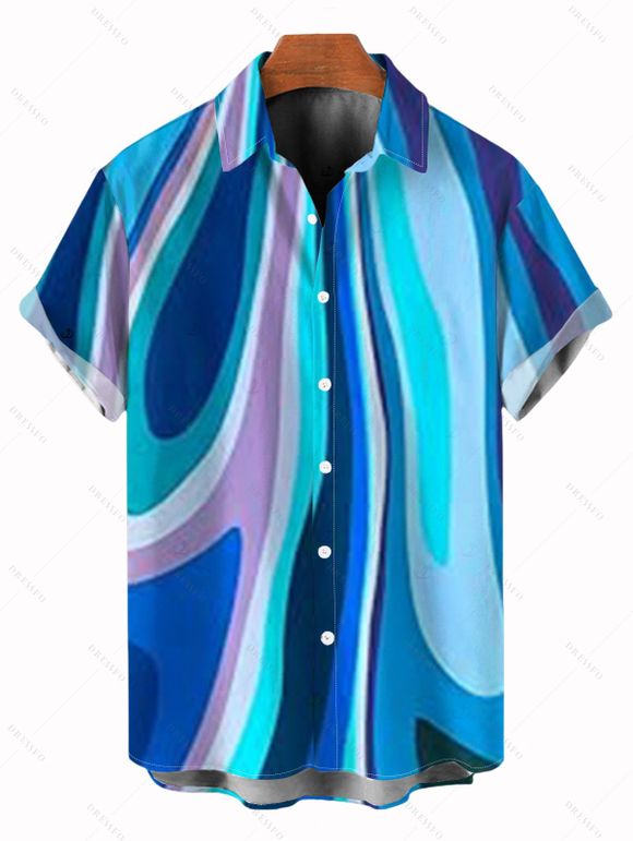 Vacation Couple Outfit Abstract Fluid Swirl Pattern Hollow Out Slit Dress and Shirt Set - Bleu S | US 4